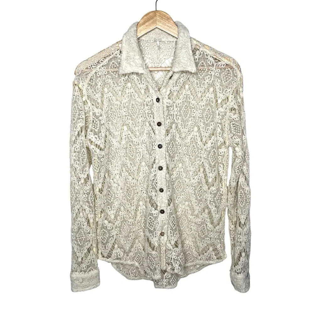 Free‎ People Until Sundown Shirt Crochet Lace Neutral Button Down Small